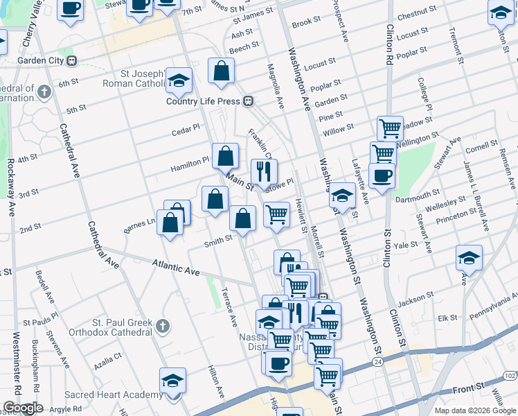 map of restaurants, bars, coffee shops, grocery stores, and more near 93 Old Franklin Street in Hempstead