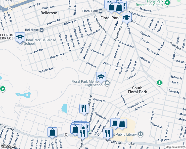 map of restaurants, bars, coffee shops, grocery stores, and more near 255 Violet Avenue in Floral Park
