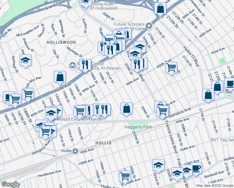 map of restaurants, bars, coffee shops, grocery stores, and more near 90-11 199th Street in Queens