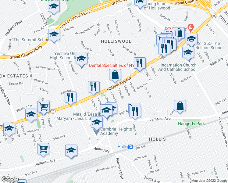 map of restaurants, bars, coffee shops, grocery stores, and more near 88-19 193rd Street in Queens