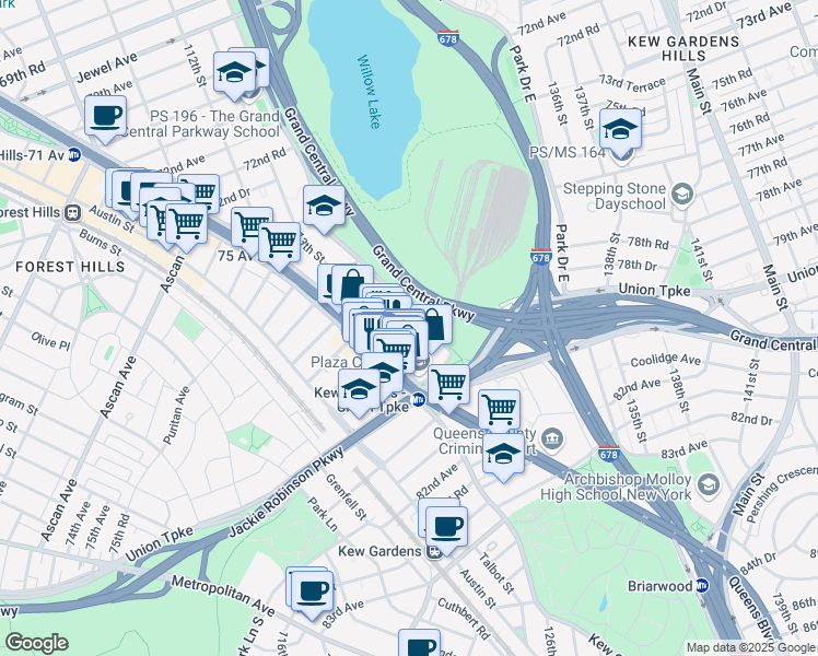 map of restaurants, bars, coffee shops, grocery stores, and more near 35 113th Street in Queens