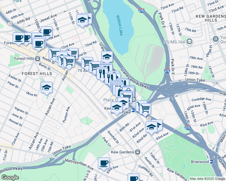 map of restaurants, bars, coffee shops, grocery stores, and more near 111-46 76th Drive in Queens