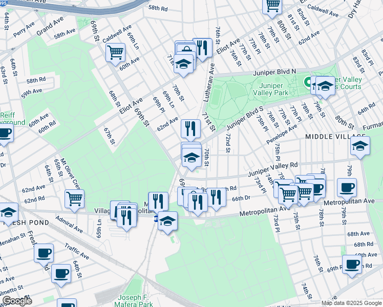 map of restaurants, bars, coffee shops, grocery stores, and more near 63-08 69th Place in Queens
