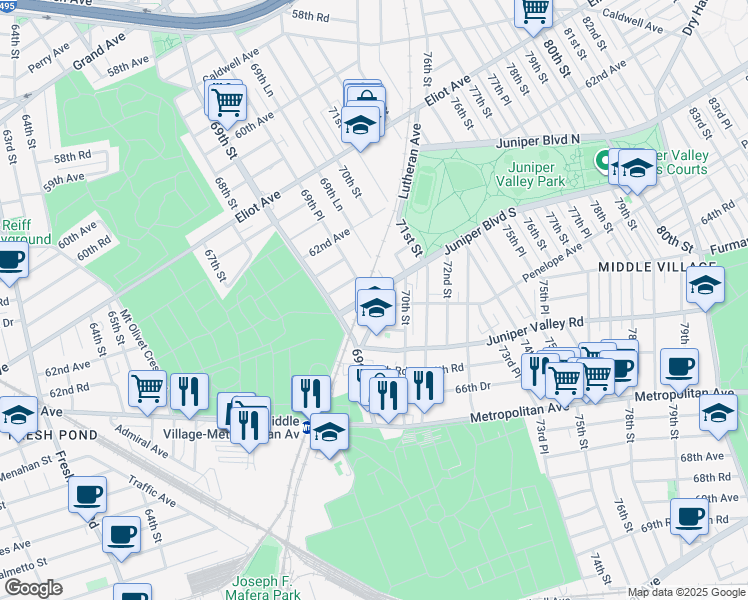 map of restaurants, bars, coffee shops, grocery stores, and more near 63-08 69th Place in Queens