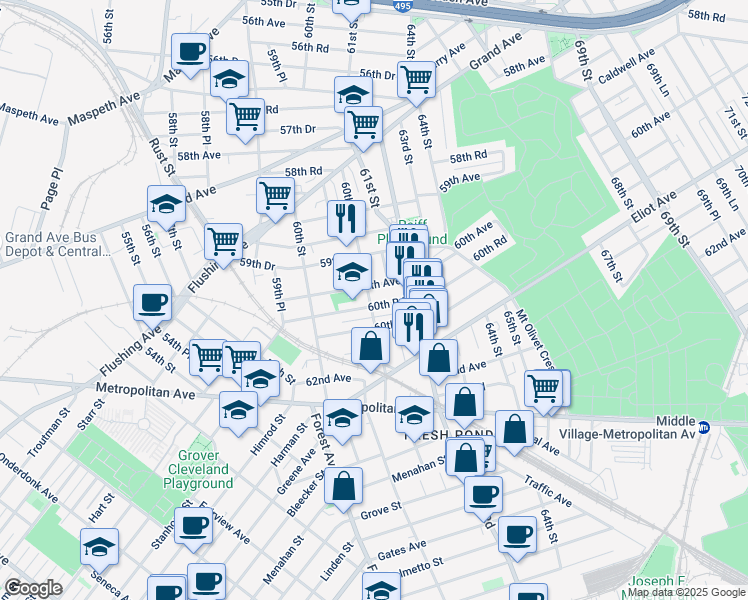 map of restaurants, bars, coffee shops, grocery stores, and more near 60-64 60th Road in Queens