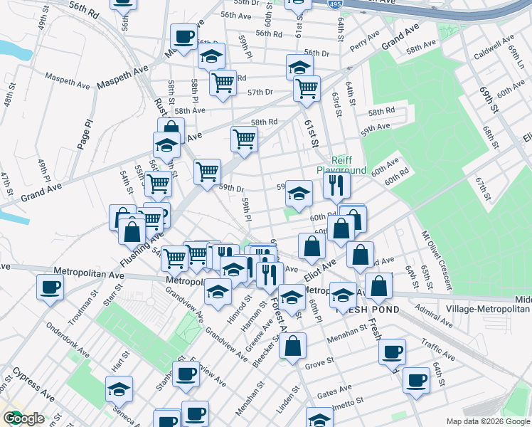 map of restaurants, bars, coffee shops, grocery stores, and more near 60-14 60th Street in Queens
