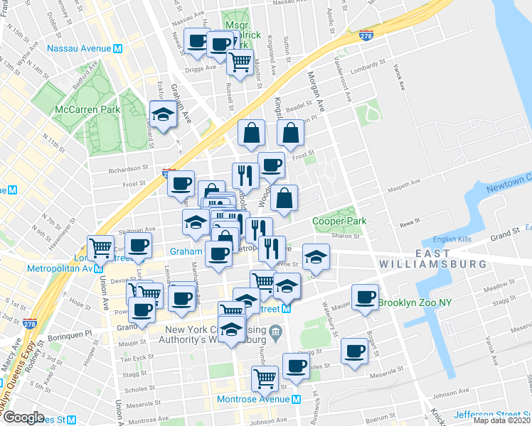 map of restaurants, bars, coffee shops, grocery stores, and more near 240A Skillman Avenue in Brooklyn