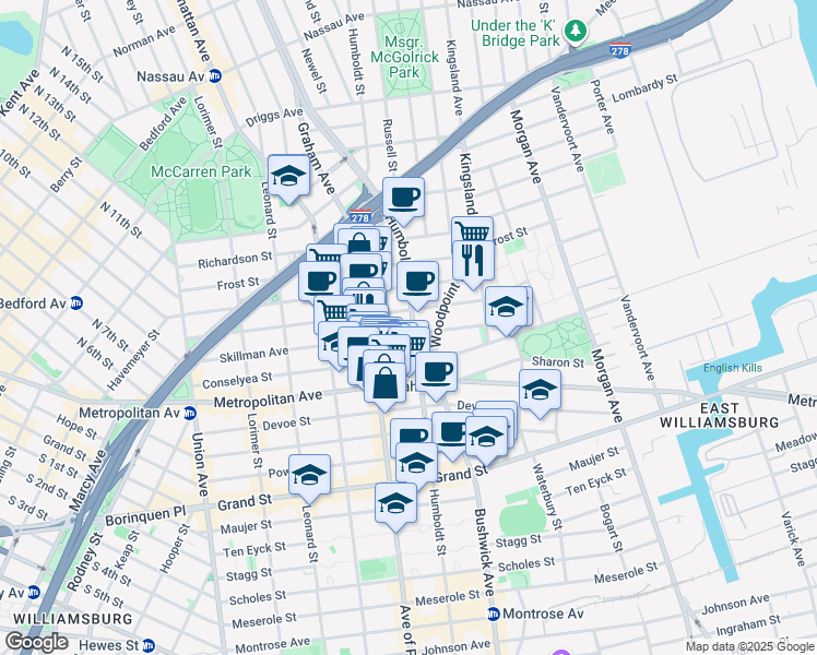 map of restaurants, bars, coffee shops, grocery stores, and more near 220 Skillman Avenue in Brooklyn