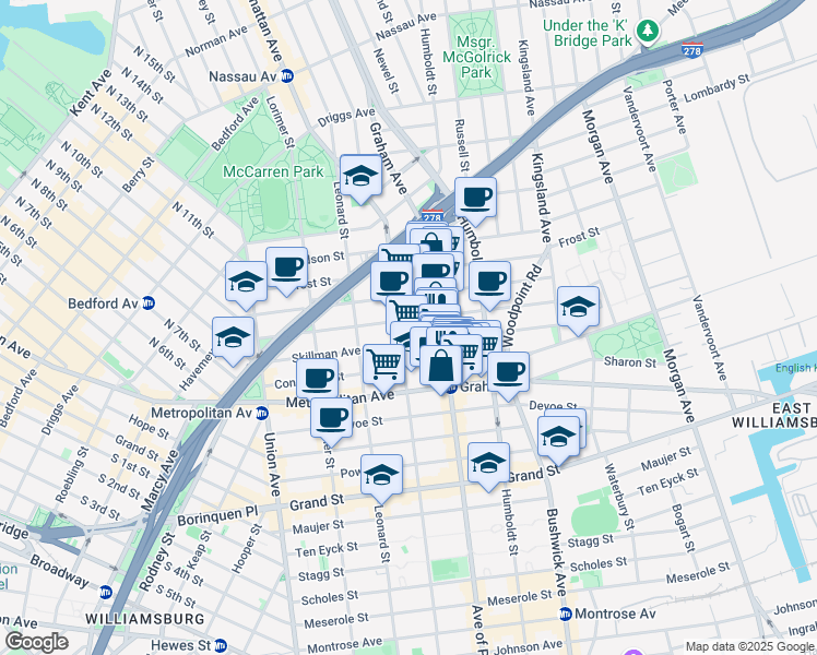 map of restaurants, bars, coffee shops, grocery stores, and more near 141 Skillman Avenue in Brooklyn