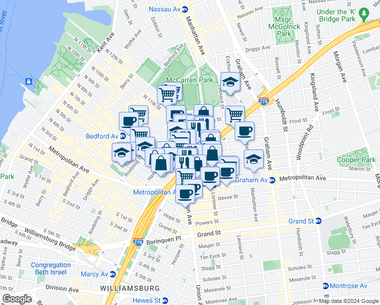 map of restaurants, bars, coffee shops, grocery stores, and more near in Brooklyn