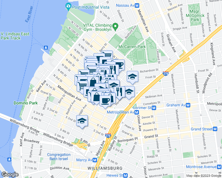 map of restaurants, bars, coffee shops, grocery stores, and more near 88 Roebling Street in Brooklyn