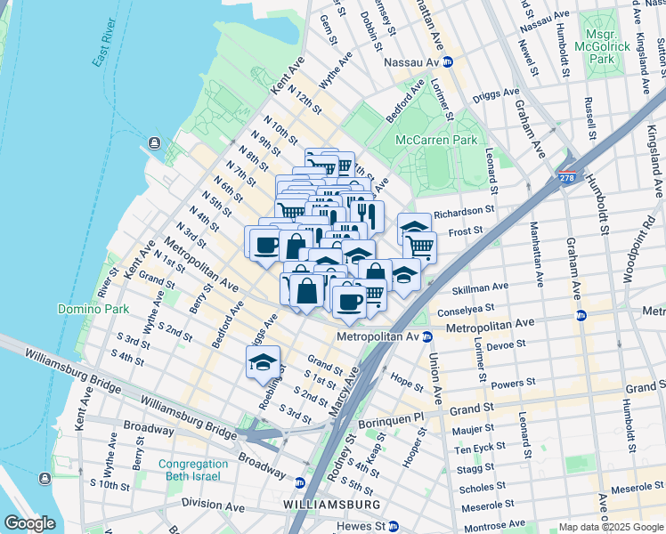 map of restaurants, bars, coffee shops, grocery stores, and more near 88 Roebling Street in Brooklyn