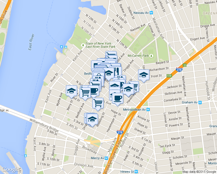 map of restaurants, bars, coffee shops, grocery stores, and more near 597 Driggs Avenue in Brooklyn