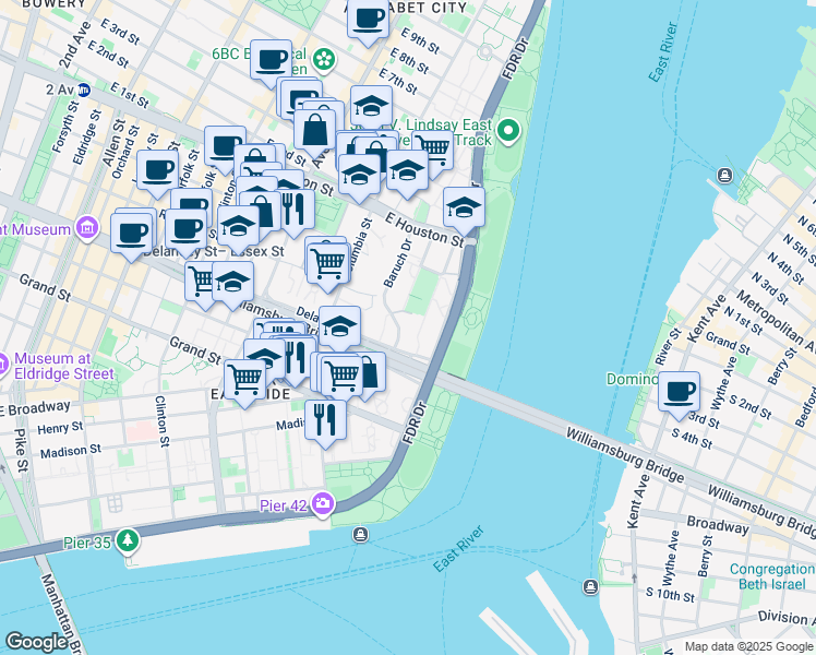map of restaurants, bars, coffee shops, grocery stores, and more near 525 FDR Drive in New York