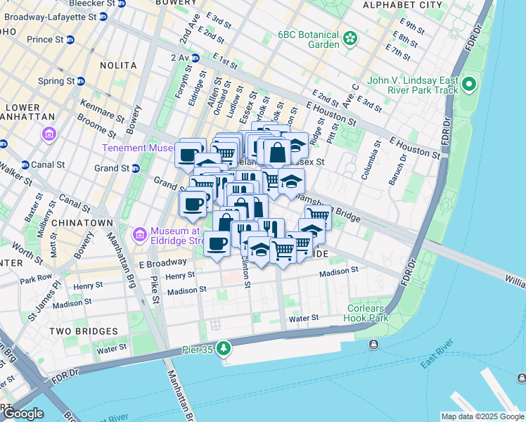map of restaurants, bars, coffee shops, grocery stores, and more near 422 Grand Street in New York