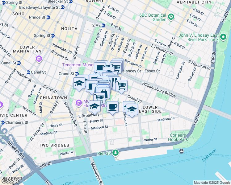 map of restaurants, bars, coffee shops, grocery stores, and more near 359 Grand Street in New York