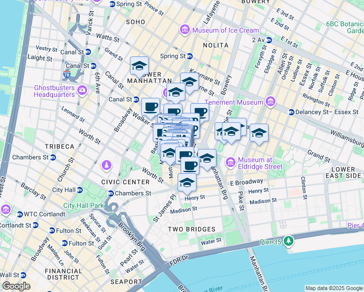 map of restaurants, bars, coffee shops, grocery stores, and more near 64 Mott Street in New York