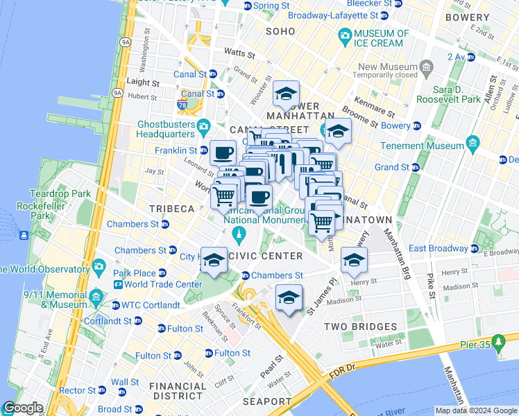 map of restaurants, bars, coffee shops, grocery stores, and more near 45 Lafayette Street in New York