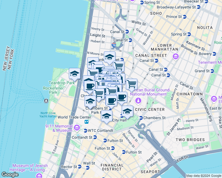 map of restaurants, bars, coffee shops, grocery stores, and more near 112 Reade Street in New York