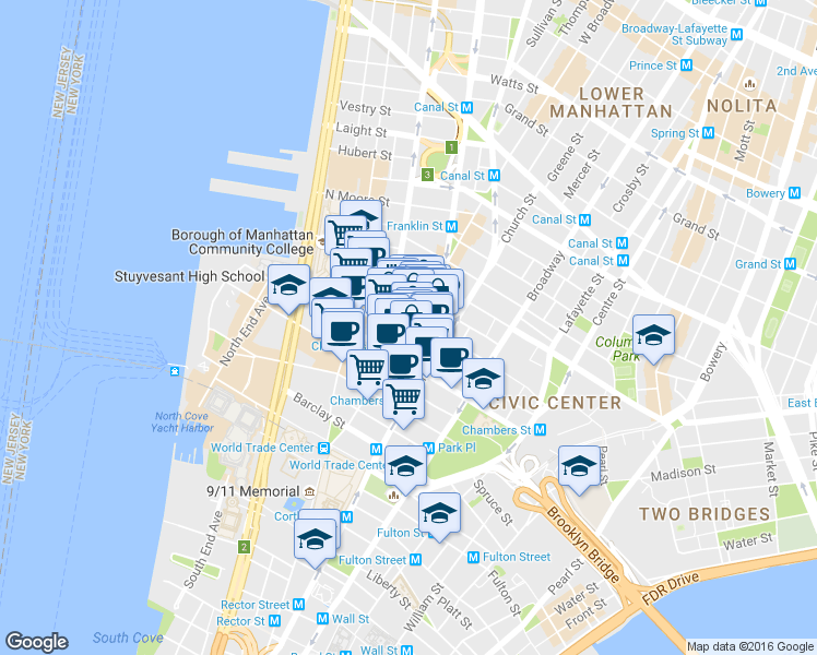 map of restaurants, bars, coffee shops, grocery stores, and more near 112 Reade Street in New York