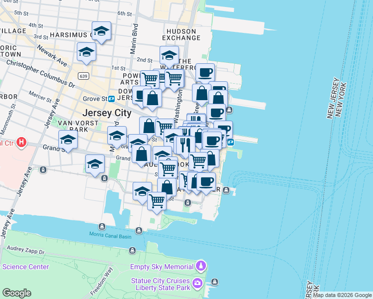 map of restaurants, bars, coffee shops, grocery stores, and more near 101 Hudson Street in Jersey City