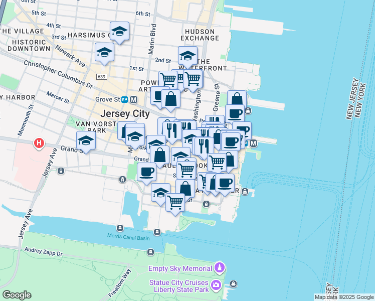 map of restaurants, bars, coffee shops, grocery stores, and more near in Jersey City