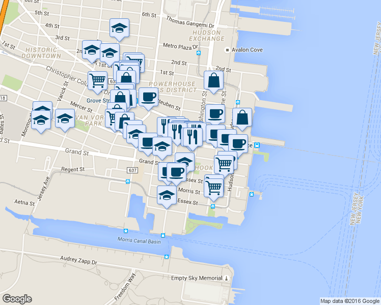 map of restaurants, bars, coffee shops, grocery stores, and more near in Jersey City