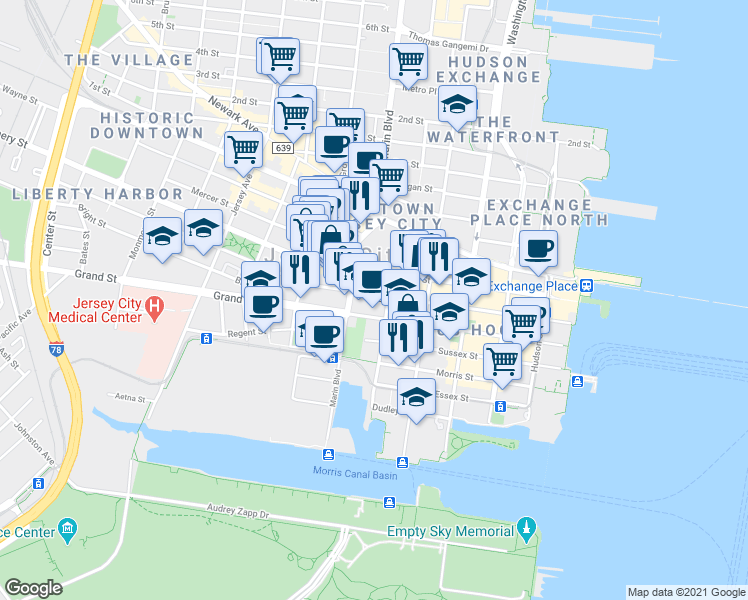 map of restaurants, bars, coffee shops, grocery stores, and more near 170 Grand Street in Jersey City