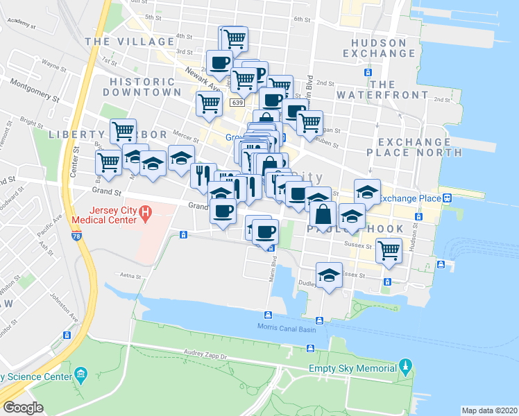 map of restaurants, bars, coffee shops, grocery stores, and more near 237 Grand Street in Jersey City