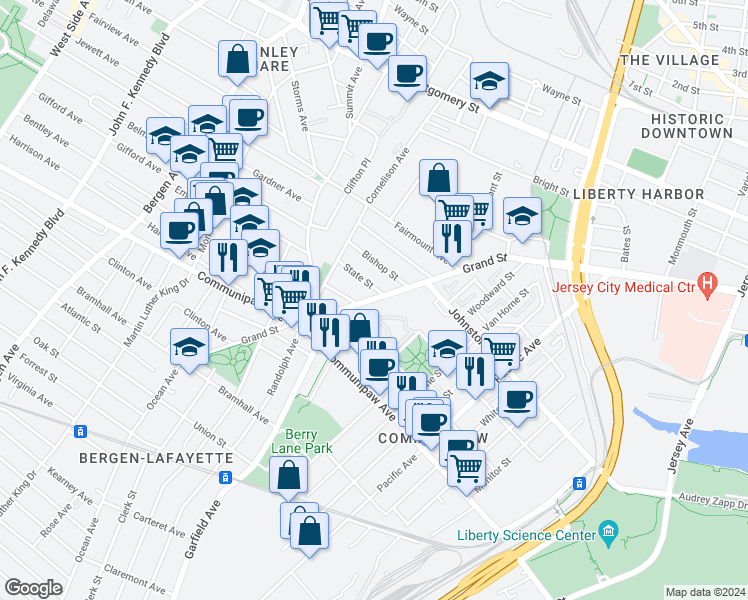 map of restaurants, bars, coffee shops, grocery stores, and more near 460 Communipaw Avenue in Jersey City
