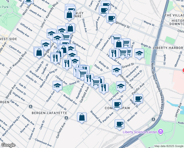 map of restaurants, bars, coffee shops, grocery stores, and more near 704 Grand Street in Jersey City