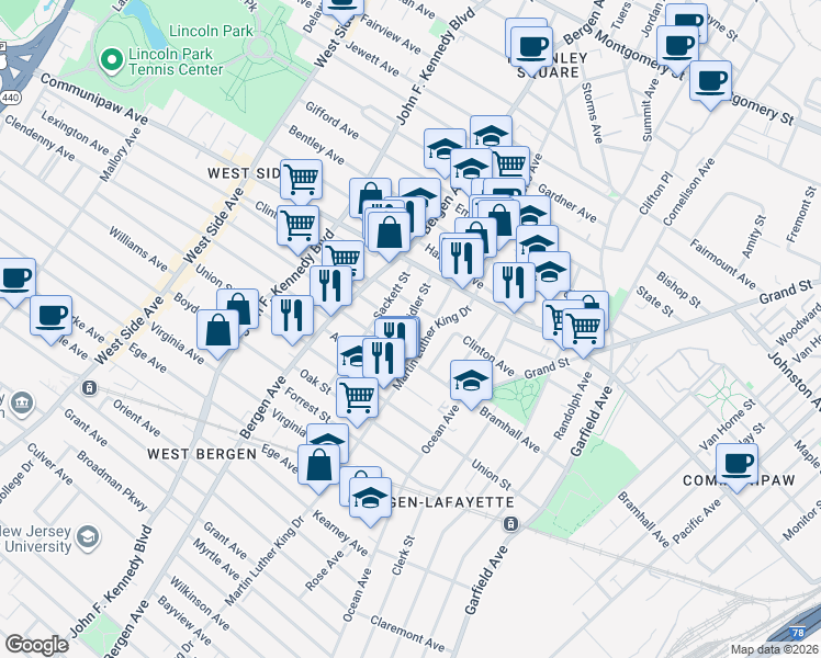 map of restaurants, bars, coffee shops, grocery stores, and more near in Jersey City