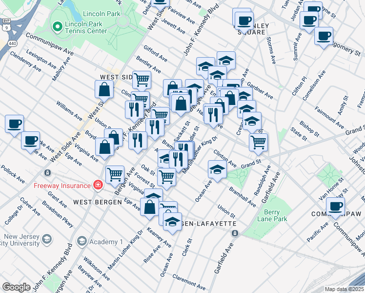 map of restaurants, bars, coffee shops, grocery stores, and more near in Jersey City