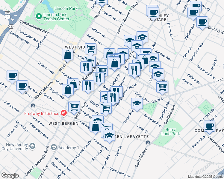 map of restaurants, bars, coffee shops, grocery stores, and more near in Jersey City