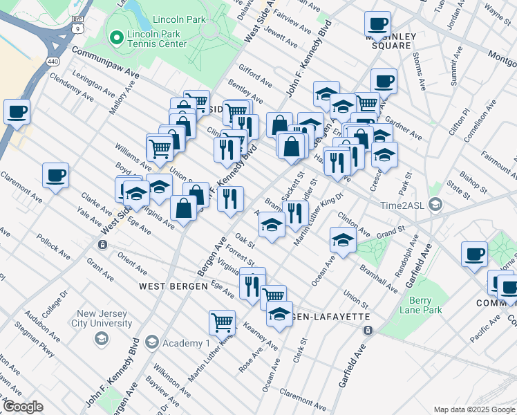 map of restaurants, bars, coffee shops, grocery stores, and more near 104 Atlantic Street in Jersey City