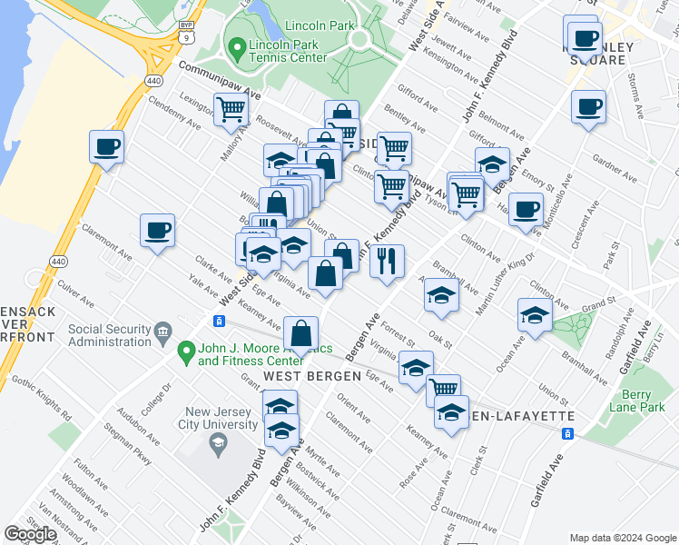 map of restaurants, bars, coffee shops, grocery stores, and more near 2255 John F. Kennedy Boulevard in Jersey City