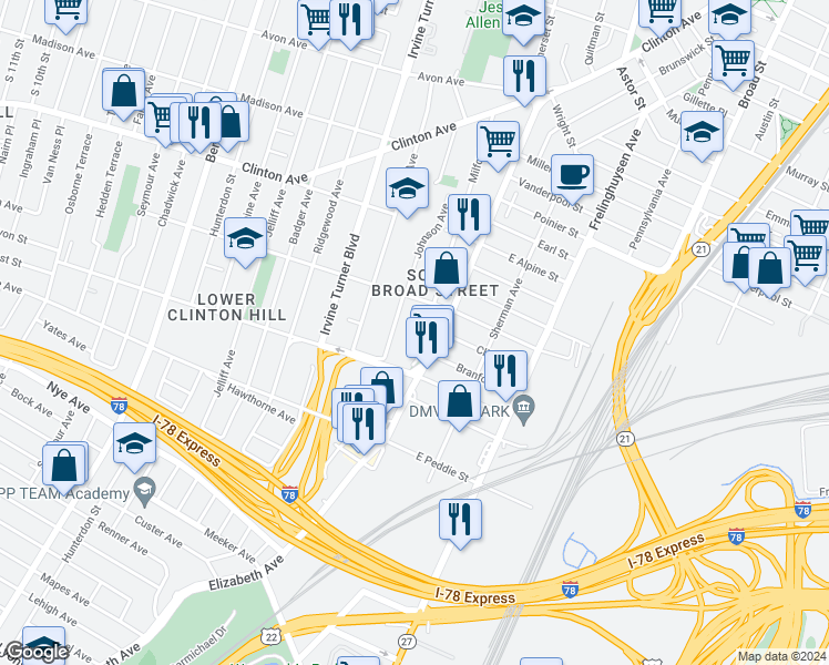 map of restaurants, bars, coffee shops, grocery stores, and more near 172 Johnson Avenue in Newark
