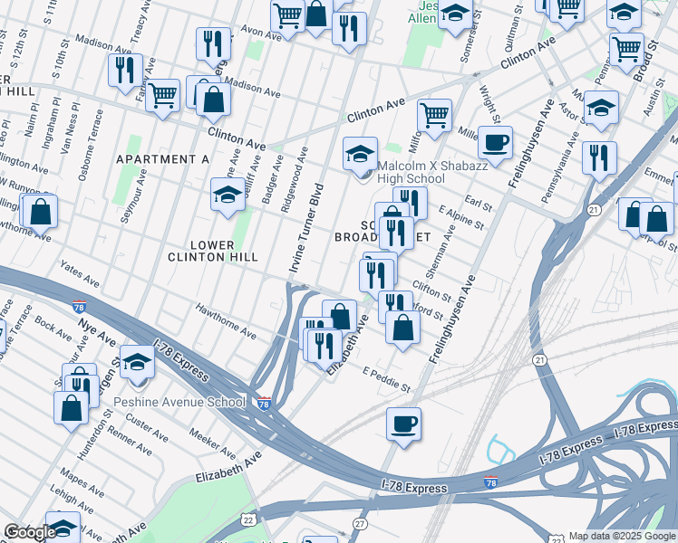 map of restaurants, bars, coffee shops, grocery stores, and more near 172 Johnson Avenue in Newark
