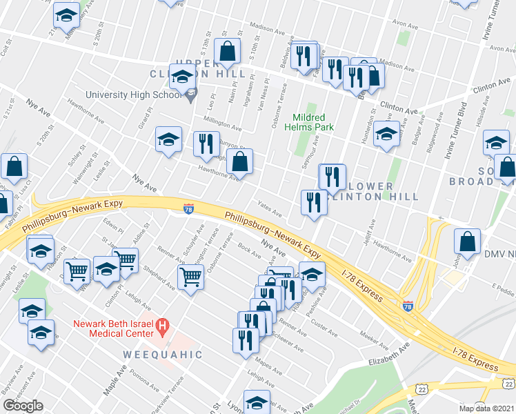 map of restaurants, bars, coffee shops, grocery stores, and more near 34 Yates Avenue in Newark