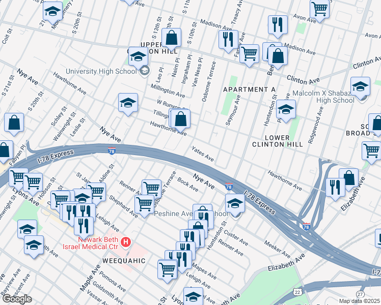 map of restaurants, bars, coffee shops, grocery stores, and more near 34 Yates Avenue in Newark