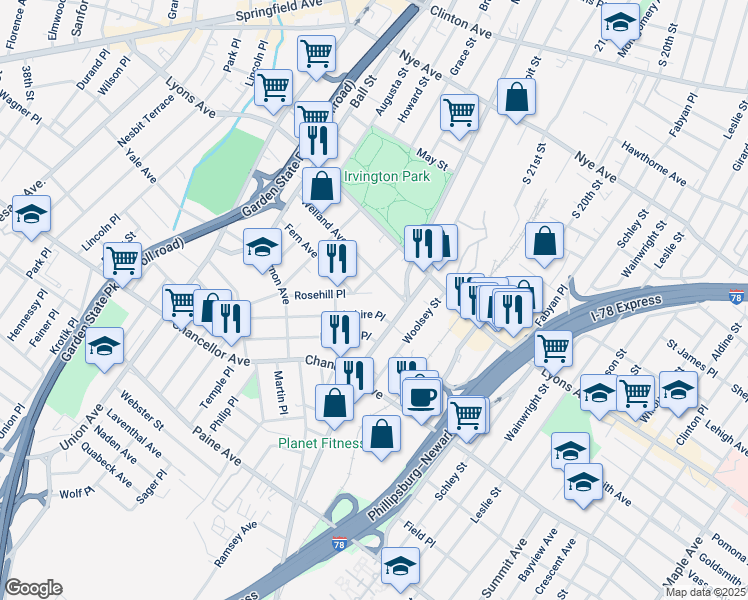 map of restaurants, bars, coffee shops, grocery stores, and more near 18 Berkshire Place in Irvington