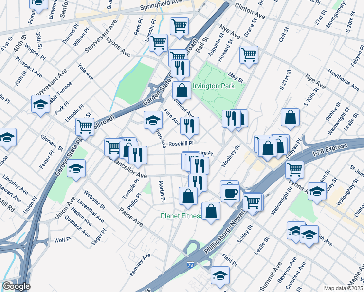 map of restaurants, bars, coffee shops, grocery stores, and more near 78 Berkshire Place in Irvington