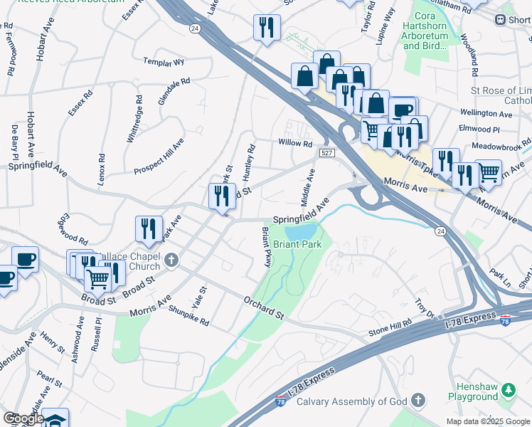 map of restaurants, bars, coffee shops, grocery stores, and more near 91 Springfield Avenue in Summit