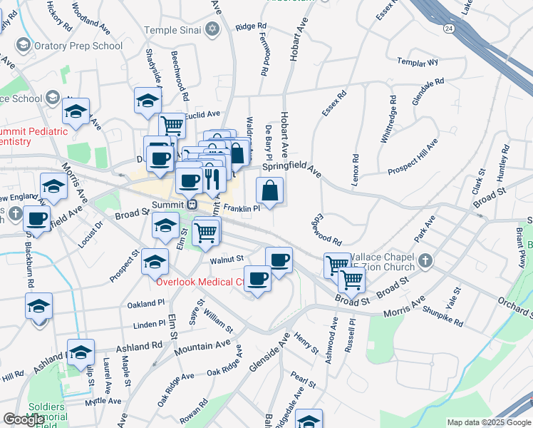 map of restaurants, bars, coffee shops, grocery stores, and more near 32 Franklin Place in Summit