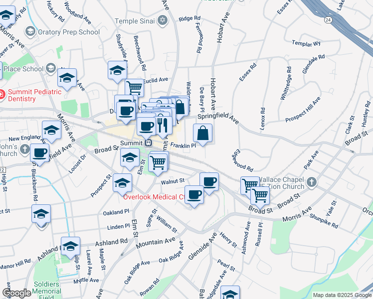 map of restaurants, bars, coffee shops, grocery stores, and more near 72 Franklin Place in Summit