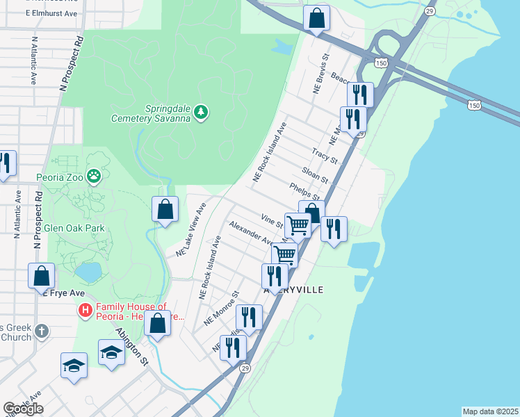 map of restaurants, bars, coffee shops, grocery stores, and more near 616 Vine St in Peoria