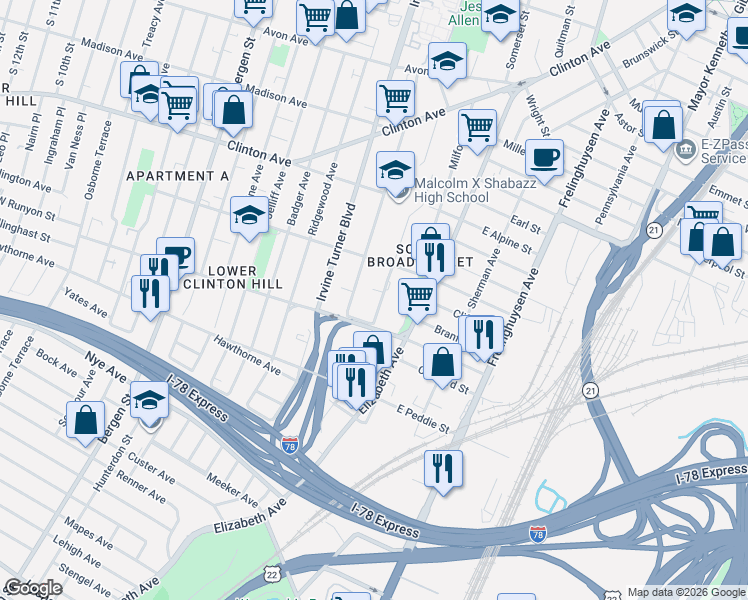 map of restaurants, bars, coffee shops, grocery stores, and more near 174 Johnson Avenue in Newark