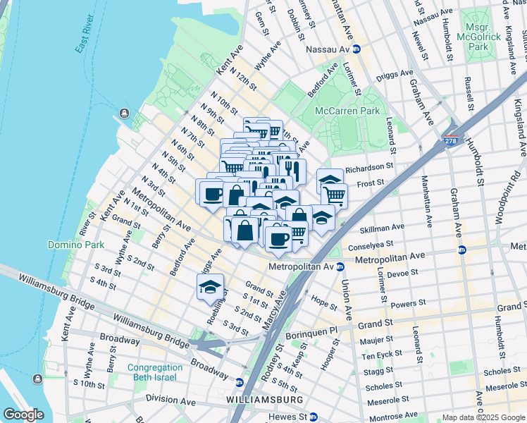 map of restaurants, bars, coffee shops, grocery stores, and more near 197 North 6th Street in Brooklyn
