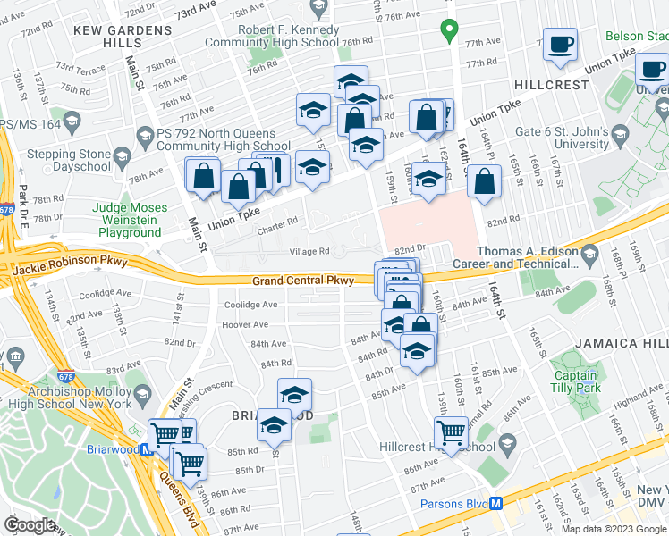 map of restaurants, bars, coffee shops, grocery stores, and more near 147-87 Grand Central Parkway in Queens