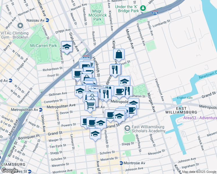 map of restaurants, bars, coffee shops, grocery stores, and more near 189 Woodpoint Road in Brooklyn